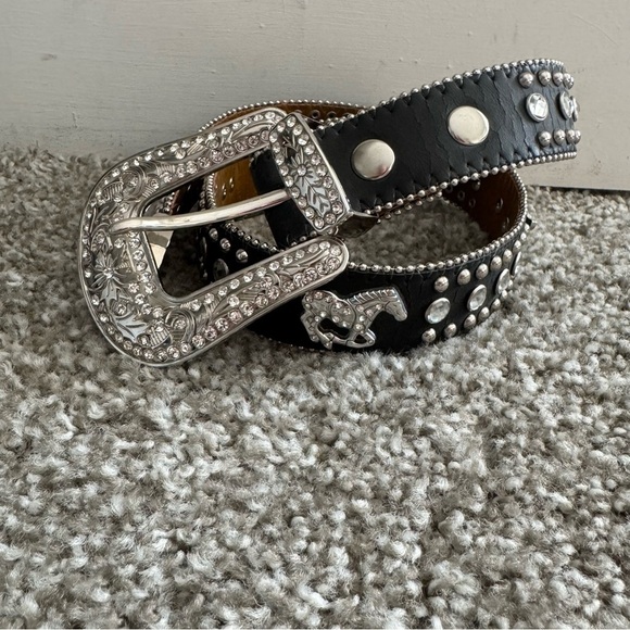 Nocona Leather Belt 26 Black Studded Rhinestone Sliver Bling Cowgirl Y2K Boho - Picture 1 of 14